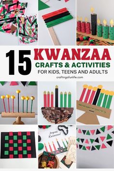 the cover of 15 kwanza crafts and activities for kids, teens, and adults