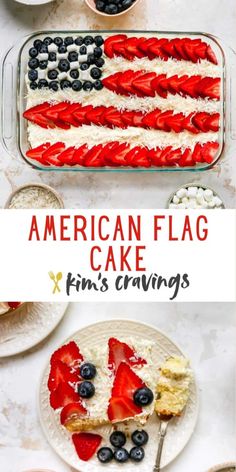 an american flag cake with blueberries and strawberries on top is shown in the foreground