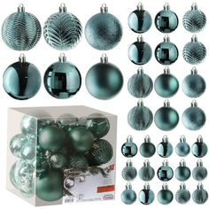 christmas ornaments are displayed in a box and on the table, including green ornament balls