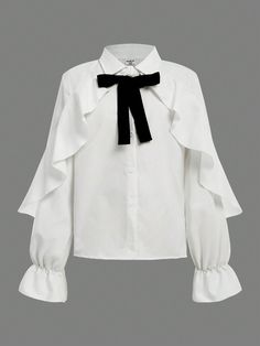 Tween Girls Ruffle Edge Floral Lace Retro Collar Blouse White Elegant  Long Sleeve Woven Fabric Plain Shirt Non-Stretch  Tween Girls Clothing, size features are:Bust: ,Length: ,Sleeve Length: Blouse Ruffle Sleeve, Shirts With Collars, Ruffle Fabric, Girls Blouse, Styl Retro, Plain Shirts, Collar Blouse, College Fashion, Girl Top