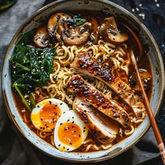 a bowl filled with noodles, meat and mushrooms next to chopsticks on a table