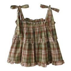 Plaid crop top with adjustable bow straps and a ruffled edge, perfect for a vintage-inspired look Free Size:Bust: 62-120cm/ 24.4-47.2 in, Length: 41cm/ 16.1 inMaterial: Cotton, Polyester Cute Plaid Summer Dress, Dream Clothes Walmart, Aesthetic Plaid, Girly Y2k, Bow Tie Top, 일본 패션, Plaid Bow Tie, Y2k Crop Top, Plaid Crop Top