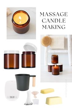 candles, soaps and other items are arranged in this collage with the words massage candle making