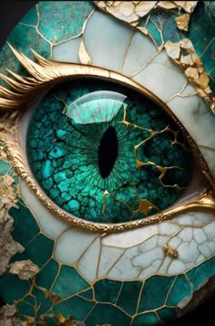 an eye with green and gold details on it