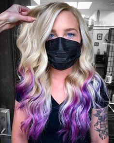 Blue Ends On Blonde Hair, Blonde Hair With Streaks, Blonde Hair With Colored Tips, Hairstyles With Purple Highlights, Hairstyles With Purple, Hair With Streaks, Purple Lowlights, Blonde And Purple Hair