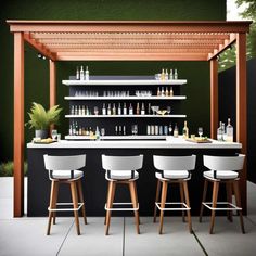 an outdoor bar with four stools and bottles on the top shelf, under a pergolated roof