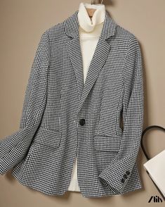 Zlily - Classic Wool Plaid Overcoat Elegant Winter Houndstooth Outerwear, Casual Houndstooth Pattern Blazer, Winter Houndstooth Double-breasted Blazer, Winter Workwear Blazer With Pockets, Winter Office Sport Coat Single Breasted, Winter Office Blazer With Long Sleeves, Winter Office Single Breasted Sport Coat, Winter Houndstooth Blazer With Lapel Collar, Trendy Winter Outerwear With Notch Lapel