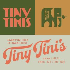 the logo for tiny tins is shown in three different colors and font styles,