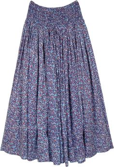 Dense Blue Printed Cotton Voile Skirt with Smocked Waist | Blue | Maxi-Skirt, Floral, Bohemian Gathered Skirt Outfit, Steampunk Skirt, Long Skirt Summer, Kaftan Designs, Cotton Maxi Skirts, Cotton Voile Fabric, Long Maxi Skirt, Voile Fabric, Trendy Skirts