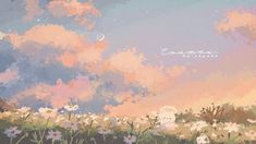 the sky is filled with clouds and daisies as if it were painted in pastel