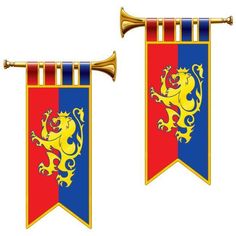 two red and blue banners with gold lions on them, one in the shape of a trumpet