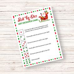 a printable christmas gift exchange game with santa on the sleigh in red, green and white