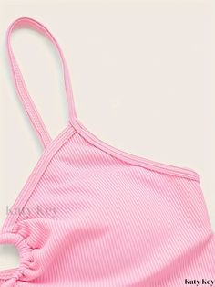 Katykey - Womens Pink Heart Ring-Linked Bikini Top: V Neck Rib-Knit Spaghetti Straps Beachwear Trendy Ribbed Swimwear For The Beach, Casual Ribbed Swimwear For Vacation, Ribbed Sleeveless Swimwear For Beach, Summer Sleeveless Ribbed Swimwear, Sleeveless Ribbed Summer Swimwear, Casual Ribbed Swimwear, Casual Seamless Halter Neck Swimwear, Pink Heart Rings, Deep V Neck