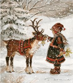 a painting of a boy feeding a reindeer in the snow with christmas decorations on its nose