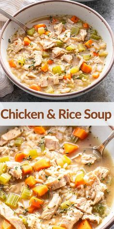 chicken and rice soup in a white bowl