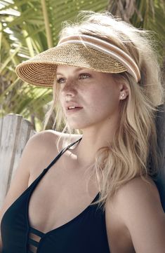 A stylishly striped elastic band trims a breezy slide-on visor made from natural braided raffia. Raffia. By Helen Kaminski; imported. Visor Outfit, Helen Kaminski Hats, Nadine Leopold, Helen Kaminski, Womens Visor, Luxury Hats, Farm Girl, How To Look Classy, Hat Designs