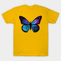 a yellow t - shirt with a purple and blue butterfly on it's chest