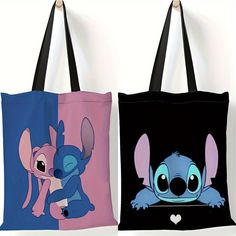 three bags with cartoon characters on them, one is blue and the other is pink