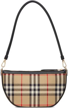 Cotton canvas shoulder bag featuring signature check pattern in beige, black, white, and red. Detachable buffed calfskin shoulder strap in black with lobster clasp fastening. Zip closure. Embossed logo and patch pockets at interior. Twill lining in black. Gold-tone hardware. Approx. 8 length x 4.5 height x 1.75 width. Supplier color: Archive beige Burberry Clothing, Burberry Purse, Burberry Outfit, Barrel Bag, Vintage Burberry, Canvas Shoulder Bag, Burberry Bag, Check Pattern, Embossed Logo