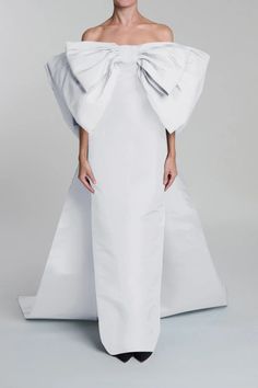 Anniversary Off-The-Shoulder Double Bow Silk Faille Column Gown with D – ALEXIA MARÍA Cocktail Jumpsuit, Detachable Cape, Holy Matrimony, Elegant Minimalism, Runway Fashion Couture, Ship Wedding, Double Bow, Fashion Couture, Column Gown