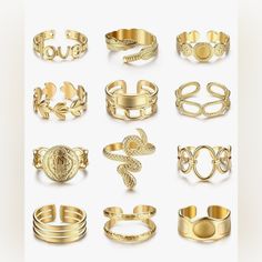 Besteel 18k Gold Plated Rings For Women, Stainless Steel Statement Rings Pack Stacking Boho Midi Rings Adjustable Open Ring Band Twisted Signet Rings Non Tarnish Gold Rings Gold Metal Midi Rings For Anniversary, Gold Metal Midi Rings For Wedding, Elegant Gold Stainless Steel Midi Rings, Rings Pack, Rings Adjustable, Spiral Ring, Signet Rings, Girly Shoes, Rhinestone Ring