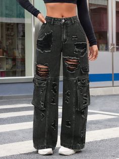 Women's Loose Baggy Distressed Wide Leg Denim Cargo Pants Black Casual   Denim Plain Wide Leg Non-Stretch  Women Clothing, size features are:Bust: ,Length: ,Sleeve Length: Emo Cargo Pants, Cargo Pants Black, Cargo Hose, Grunge Y2k, Denim Cargo Pants, Casual Denim Pants, Denim Cargo, Black Ripped Jeans, Overalls Women