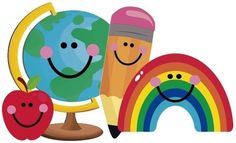 two pencils and an apple are next to a globe with smiling faces on it