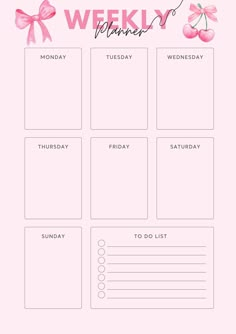 a pink weekly planner with bows on it