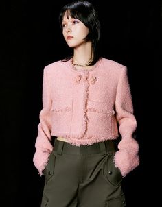 Raw Hem Crew Neck Tweed Jacket Winter Pink Tweed Blazer, Trendy Wool Blazer For Spring, Casual Wool Tweed Jacket For Spring, Casual Spring Wool Tweed Jacket, Casual Spring Tweed Wool Jacket, Winter Pink Tweed Jacket With Pockets, Pink Single Breasted Tweed Jacket For Fall, Spring Single Breasted Long Sleeve Tweed Jacket, Pink Single-breasted Tweed Jacket For Fall