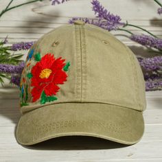 This beautiful women's baseball cap is hand embroidered with a floral pattern. It is a lovely piece to complete your everyday outfit or festive occasion wardrobe. The hand-stitched hat with pion America and wildflowers is a perfect gift for anyone who loves unique accessories. 💚 CAP DETAILS  *Color: khaki. You can also choose other available colors from the variations.  *One size fits most adults: head circumference is 22" - 28" (55 - 67 cm). *Fabric: 100% soft cotton twill, garment-washed, sti Spring Khaki Cotton Baseball Cap, Embroidered Cotton Hat As Gift, Casual Baseball Cap With Curved Bill, Casual Curved Bill Baseball Cap, Spring Beige Baseball Cap, Casual Baseball Cap With Custom Embroidery For Spring, Spring Embroidered Hat For Gift, Casual Adjustable Baseball Cap For Gift, Casual Baseball Cap As A Gift