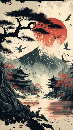 Japanese Inspired Art, Japan Graphic Design, Monte Fuji, Japan Painting, Seni 2d, Japanese Art Prints, Japon Illustration, Abstract Art Wallpaper, Samurai Art