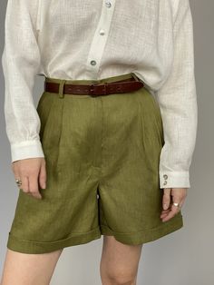 "Linen Summer Shorts for Women Size XXS - XXL | High Waisted, Pleated Olive Linen Short Pants with folded hem and belt loops. Composition: 100% linen Measurement of the linen summer shorts: length: 45 cm | 17.7\" inseam: 13 cm | 5.1\" Please see the last picture for the chart size. Regarding the length, if you wish a custom one, please message me when you order. These linen bermuda shorts are size S and they were photographed on a size S model: bust: 90 cm|35.4\", waist: 70|27.5\" cm, hips: 90 c Green Workwear Shorts With Belt Loops, High-waisted Olive Bottoms For Summer, Olive High-waist Bottoms For Summer, High Waist Olive Bottoms For Summer, Olive High Waist Bottoms For Summer, Olive Bottoms For Summer Workwear, Summer Olive Workwear Bottoms, Summer Workwear Olive Bottoms, Fitted Olive Bottoms For Summer