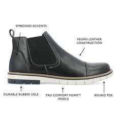 An easy but stylish pull-on boot you can throw on with anything the Waylon boot by Vance Co. This vegan leather design offers easy entry with stretch gore accents at the ankles. A 6 mm Tru Comfort Foam� insole and durable rubber sole ground the look for extra comfort. Black Faux Leather Slip-on Boots, Black Slip-on Faux Leather Boots, Black Leather Slip-on Boots, Medium Width Slip-on Synthetic Boots, Black Slip-on Boots With Removable Insole, Medium Width Synthetic Slip-on Boots, Black Slip-on Boots Medium Width, Black Chelsea Boots, Pull On Boots