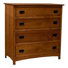 a wooden dresser with four drawers and black knobs on the bottom drawer, against a white background