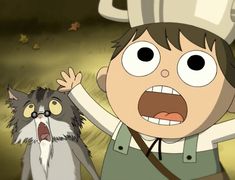 an animated image of a boy holding his head in the air with a cat standing next to him