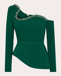 Safiyaa Aime Asymmetric Peplum Top | OLIVELA Green Asymmetrical Top For Party, Elegant Green Embellished Tops, Old Money Tops, Elegant Tops Classy, Asymmetric Neckline, Classy Dress Outfits, Turkey Size, Peplum Hem, Shirts Design