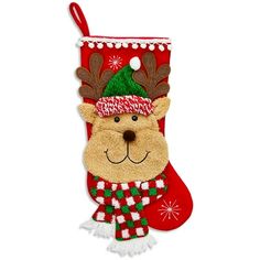 a christmas stocking ornament with a reindeer head and scarf hanging from it's side