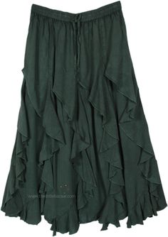 An uber cool bohemian forest fairy skirt with a unique look in a beautiful deep green color. A fully flared skirt, the tiers are curved, which gives it flow. #tlb #Stonewash #XLPlus #Solid Green Skirted Bottoms With Ruffle Hem, Green Bottoms With Ruffle Hem, Green Ruffled Tiered Skirt, Green Ruffled Tiered Skirt Bottoms, Green Ruffled Flared Maxi Skirt, Green Tiered Ruffle Maxi Skirt, Flowy Green Flared Skirt, Green Flared Maxi Skirt With Ruffles, Green Ruffled Flared Skirt