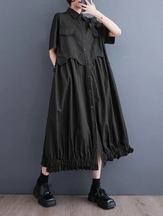 UOOZEE Black Midi Dress With Pockets For Spring, Black Stretch Dresses With Buttons, Long Dress Casual Summer, Trench Coat Dress, Shirt Dress Summer, Long Shirt Dress, Long Summer Dresses, Loose Shorts, Black Shirt Dress