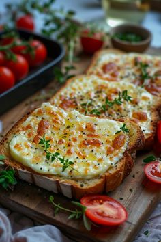 Three slices of cheesy toast topped with herbs on a wooden board, surrounded by fresh tomatoes and herbs. Yogurt Custard Toast Air Fryer, Strawberry Yogurt Toast, 400 Calorie Breakfast, Greek Yoghurt Recipes, Breakfast Toast Ideas, Yogurt Custard, Custard Toast, Yogurt Toast, Ham And Cheese Omelette