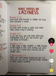 the bible verses on lazineess is displayed in an open book with red writing