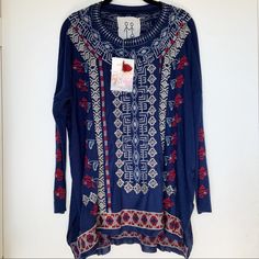 Brand New With Tags. Knit Long Sleeve Navy Blue Embroidered Top. Super Soft Material For A Cozy Feel. Size Small Blue Jacquard Knit Tops, Blue Long Sleeve Sweater One Size, Long Sleeve Knit Tops With Floral Embroidery, Knit Long Sleeve Tops With Floral Embroidery, Knit Tops With Floral Embroidery And Long Sleeves, Blue Embroidered Winter Sweater, Blue Embroidered Sweater For Spring, Blue Embroidered Sweater For Fall, Embroidered Blue Sweater For Fall