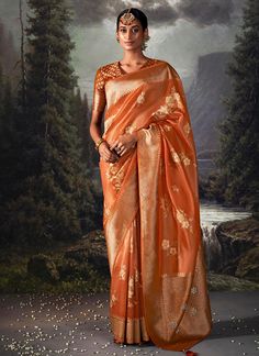 Orange Golden Crystal Stone Embellished Brocade Silk Saree Wedding Sarees Online, Orange Saree, Organza Silk Saree, Tussar Silk Saree, Readymade Blouse, Organza Saree, Organza Fabric, Party Wear Sarees, Banarasi Sarees