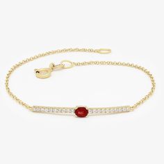 In search of a beautiful, unique gift? Well you've come to the right place! This is an elegant bracelet that makes a bold statement. Elegant, bold and classy. This bracelet is crafted with 4x3mm real Ruby in between, also features 0.10CTW pave set in 9K, 14K or 18K gold. The perfect gift for your loved one's or a great present to yourself! ›› Item Details: › Made to Order › Gold Kt: 14K (also available in 9K & 18K) › Available Gold Color: White Gold, Yellow Gold, Rose Gold › Gem Stone: White Gen Ruby Bracelet, Elegant Bracelet, Bar Bracelets, Wedding Jewelry Bracelets, Wedding Bracelet, Bracelet Sizes, Spring Rings, Delicate Bracelet, Chain Bracelet