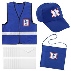 a blue hat, vest, and envelope are laid out in front of the image