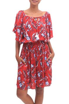 Displaying lovely floral motifs printed over a body of strawberry red this tunic-style dress is designed by Bali's Ratu and Devi. Crafted from rayon this lovely dress features a tie closure on the front with short sleeves an empire waist and a knee-length skirt. Strawberry Bouquet, Tunic Style, Tunic Styles, Women Artisans, Design Patterns, Floral Motifs, Lovely Dresses, Knee Length Skirt, Style Dress