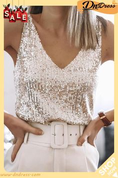 V Neck Sequins Camisole Glamorous V-neck Top For Night Out, Glamorous Tank Top For Party Season, Casual Party Blouse With Vest, Casual Party Blouse, Trendy V-neck Party Tops, Stretch V-neck Vest Top, Party Season Camisole Tank Top, Glamorous Sleeveless Vest Top, Elegant V-neck Vest Top