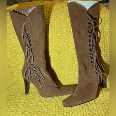 Mia Suede Fringed Heeled Boots In Great Condition *Never Worn* Heel 4” Shaft 13” Great Looking Boots* Fitted Suede Lace-up Boots With Pointed Toe, High Heel Wide Calf Suede Mid-calf Boots, Suede Wide Calf High Heel Mid-calf Boots, Wide Calf Suede Mid-calf Boots With High Heel, Western High Heels For Fall, Lace-up Boots With 4-inch Heel And Fitted Design, Fitted Lace-up Boots With 4-inch Heel, Suede Boots With 4-inch Heel And Medium Width, Western Fitted Heels With Pointed Toe