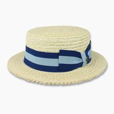 Summer Boater Hat For Kentucky Derby Picnic, White Toquilla Straw Hat For Garden Party, Straw Boater Hat With Brimmed Shape For Picnics, Adjustable Striped Straw Sun Hat, Adjustable Striped Straw Hat For Vacation, White Boater Hat With Flat Crown For Spring, Striped Sun Hat With Curved Brim For Summer, Striped Brimmed Sun Hat For Summer, Striped Straw Hat For Summer Vacation