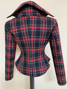 "Awesome extravagant women's fitted jacket. Black royal Stewart tartan pattern. Very feminine and elegant, look great with a matching skirt even and skinny jeans. The jacket is fully lined inside. The fabric is soft fine poly viscose. Length of the jacket is 23 inches at back. SIZE CHART SIZE S - US 6, UK 8, EU 36 bust: bust around 34.5\"/90cm Waist: waist around 27.5\"/70cm Hips: hips around 34.5\"/90cm SIZE M - US 8, UK 10, EU 38 bust: bust around 37.5\"/95cm Waist: waist around 29.5\"/75cm Hi Fitted Punk Outerwear For Work, Punk Style Fitted Outerwear For Work, Fitted Gothic Blazer For Fall, Fitted Plaid Outerwear With Buttons, Punk Style Fitted Long Sleeve Blazer, Fitted Plaid Blazer For Tailoring, Gothic Fitted Long Sleeve Blazer, Fitted Plaid Blazer For Fall, Fall Plaid Fitted Blazer